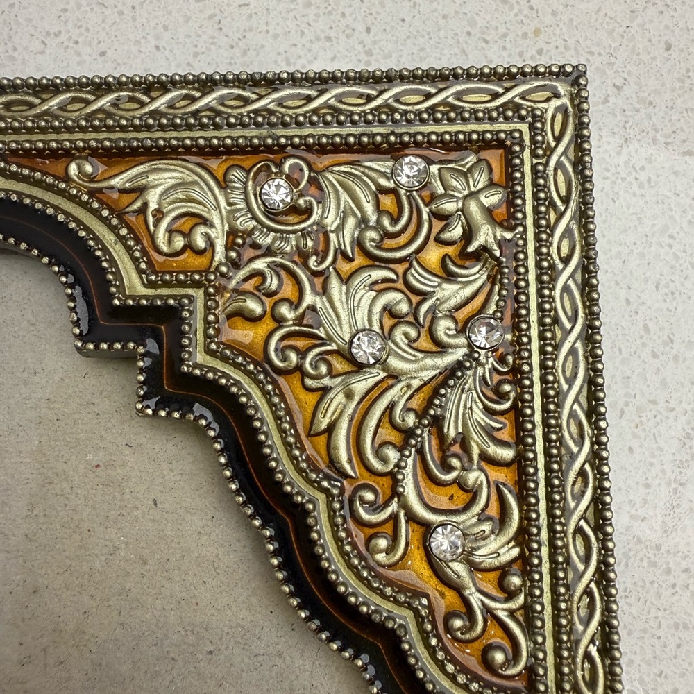 Ornate Black Tan Gold Tone Enamel Floral Rhinestones Frame Heavy - Picture 9 of 15